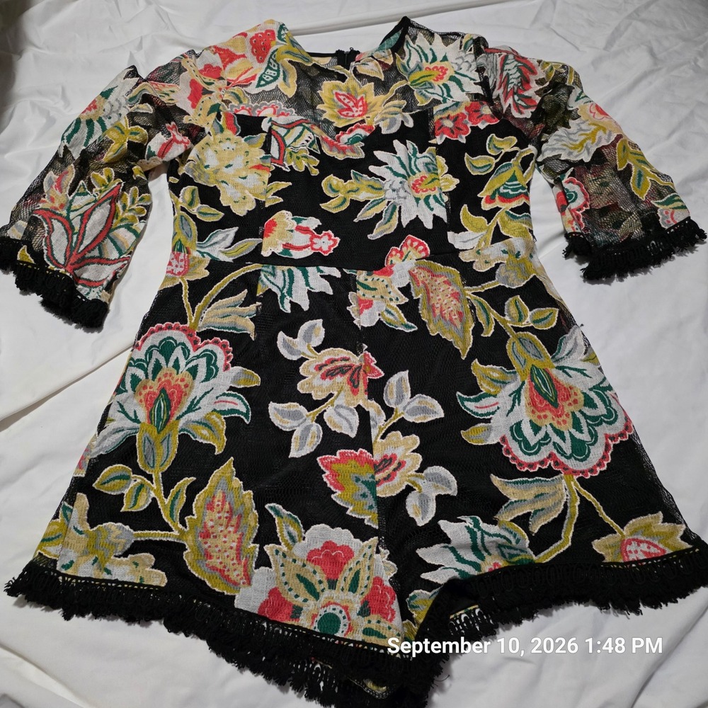 Entro Women Floral Mesh Romper Black Multi Color Fringe Trim Bell Sleeve Large